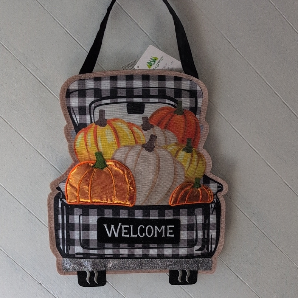 Evergreen Plaid Pumpkin Door Decor